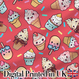 Cute Kawaii Ice Cream Desserts on Red Background Seamless Pattern Digital Print Fabric by the Metre UK Sewing Quilting Textile