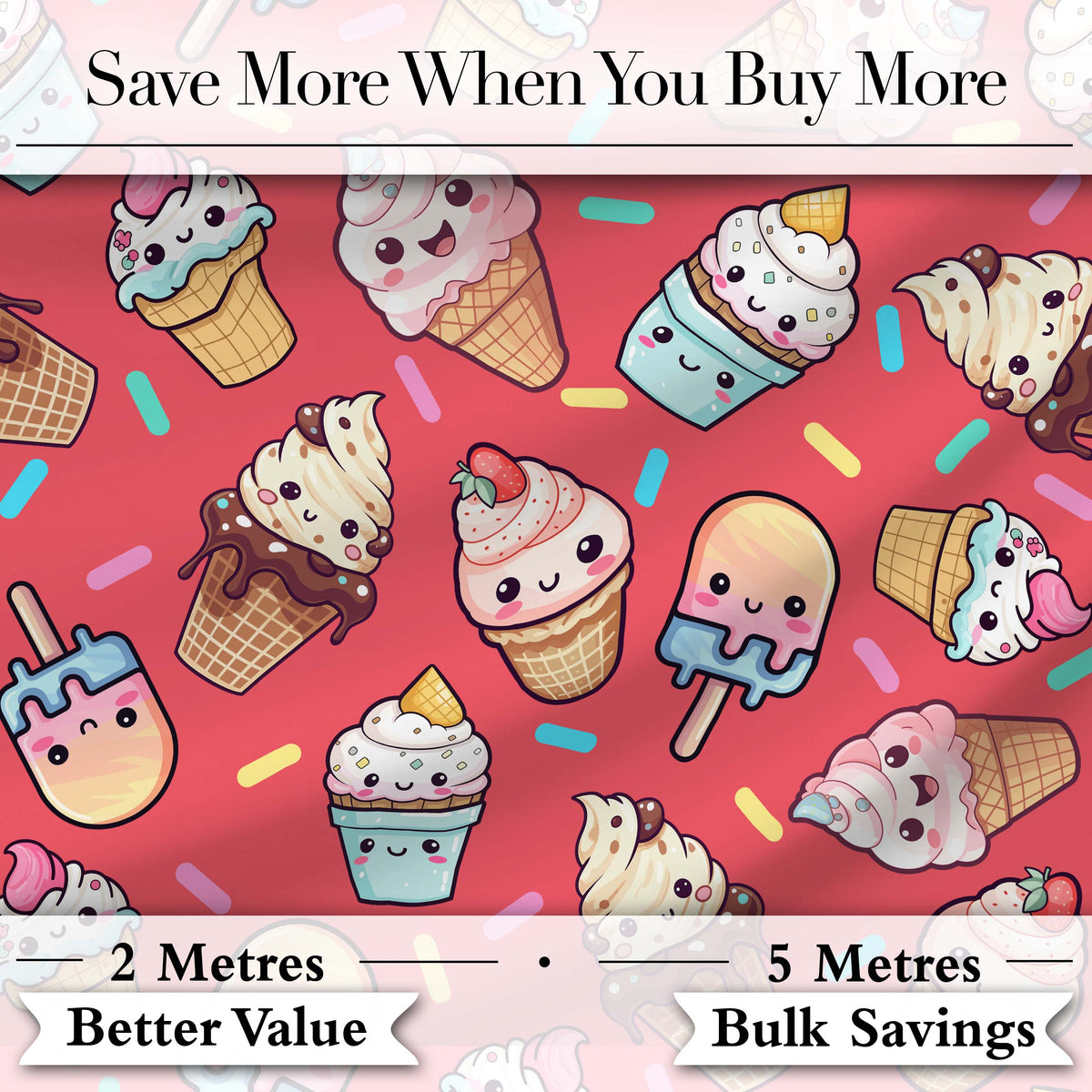 Cute Kawaii Ice Cream Desserts on Red Background Seamless Pattern Digital Print Fabric by the Metre UK Sewing Quilting Textile