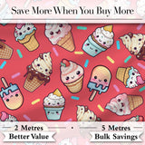 Cute Kawaii Ice Cream Desserts on Red Background Seamless Pattern Digital Print Fabric by the Metre UK Sewing Quilting Textile