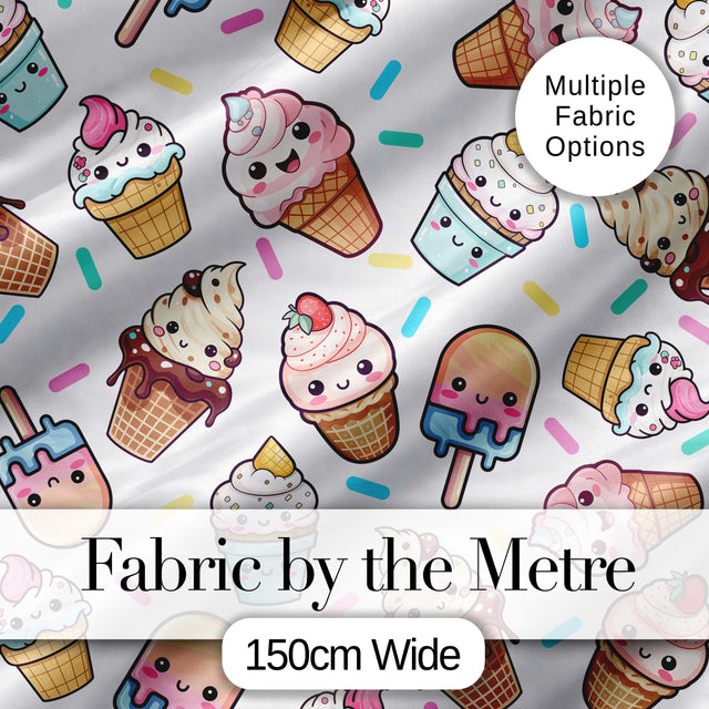 Cute Kawaii Ice Cream Desserts on Grey Background Seamless Pattern Digital Print Fabric by the Metre UK Sewing Quilting Textile