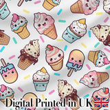 Cute Kawaii Ice Cream Desserts on Grey Background Seamless Pattern Digital Print Fabric by the Metre UK Sewing Quilting Textile