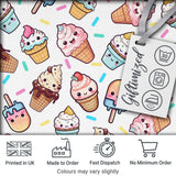 Cute Kawaii Ice Cream Desserts on Grey Background Seamless Pattern Digital Print Fabric by the Metre UK Sewing Quilting Textile