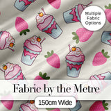 Cute Strawberry Cupcakes and Sweet Treats on Cream Background Seamless Pattern Digital Print Fabric by the Metre UK Sewing Quilting Textile