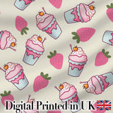 Cute Strawberry Cupcakes and Sweet Treats on Cream Background Seamless Pattern Digital Print Fabric by the Metre UK Sewing Quilting Textile