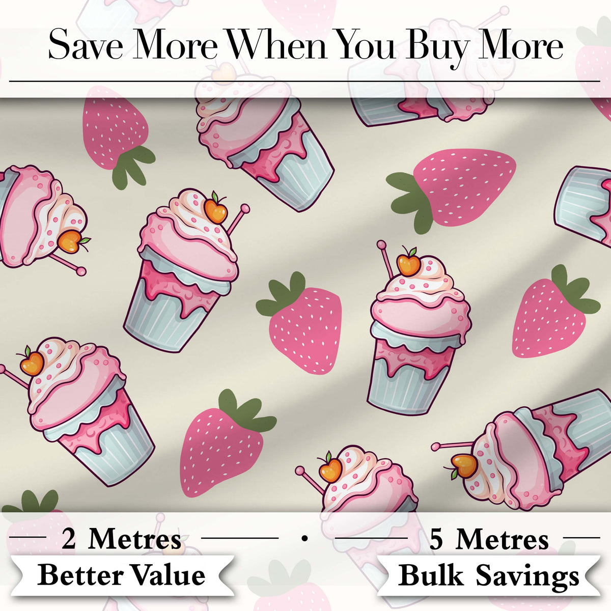 Cute Strawberry Cupcakes and Sweet Treats on Cream Background Seamless Pattern Digital Print Fabric by the Metre UK Sewing Quilting Textile