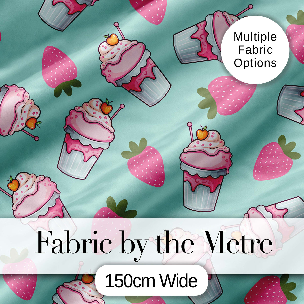 Cute Strawberry Cupcakes and Sweet Treats on Mint Background Seamless Pattern Digital Print Fabric by the Metre UK Sewing Quilting Textile