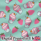 Cute Strawberry Cupcakes and Sweet Treats on Mint Background Seamless Pattern Digital Print Fabric by the Metre UK Sewing Quilting Textile