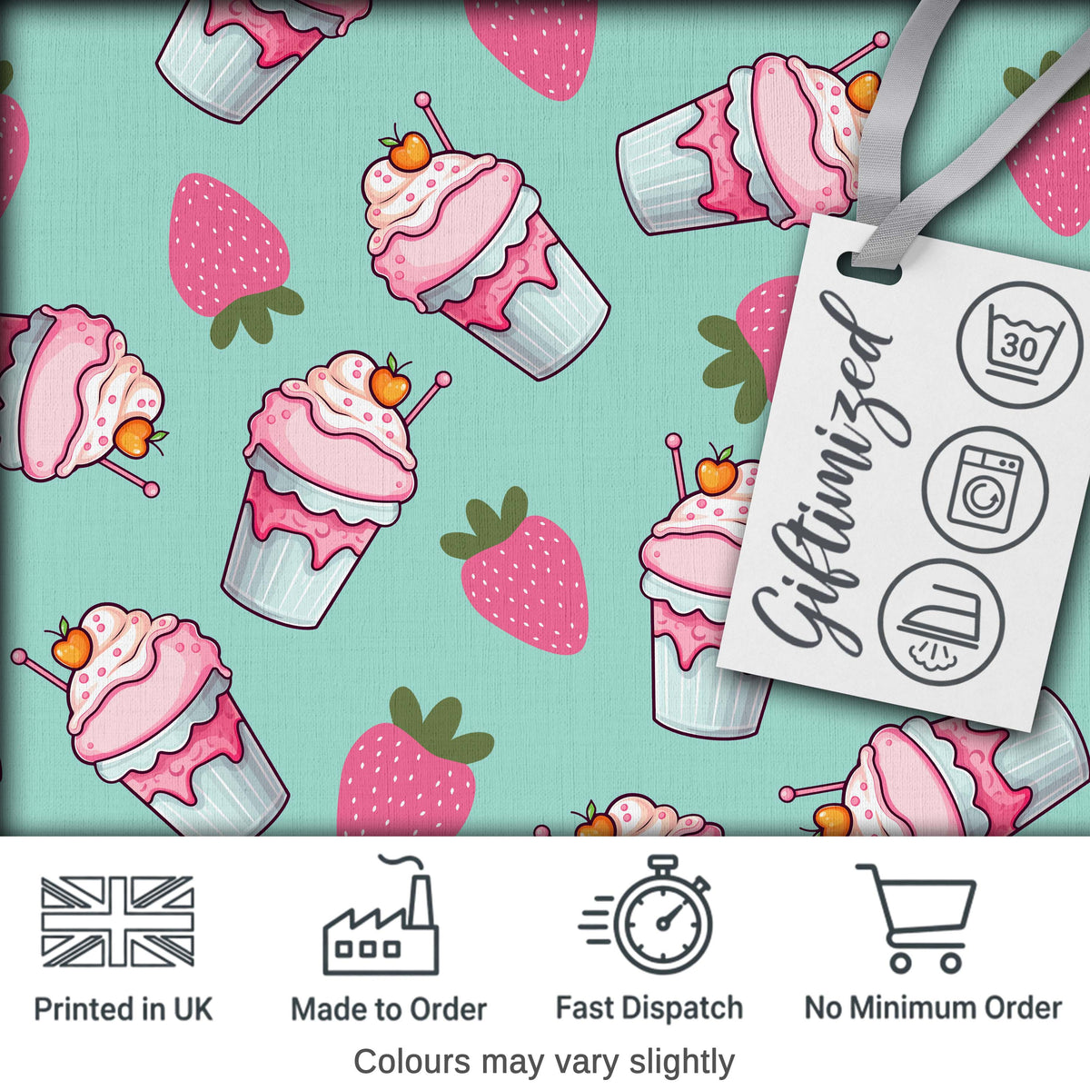 Cute Strawberry Cupcakes and Sweet Treats on Mint Background Seamless Pattern Digital Print Fabric by the Metre UK Sewing Quilting Textile