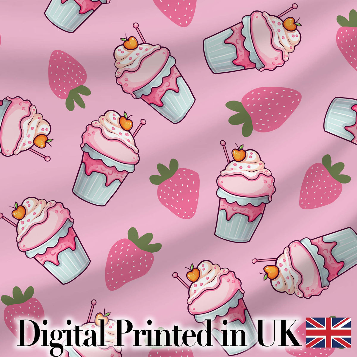 Strawberry Cupcakes and Sweet Treats on Soft Pink Background Seamless Pattern Digital Print Fabric by the Metre UK Sewing Quilting Textile