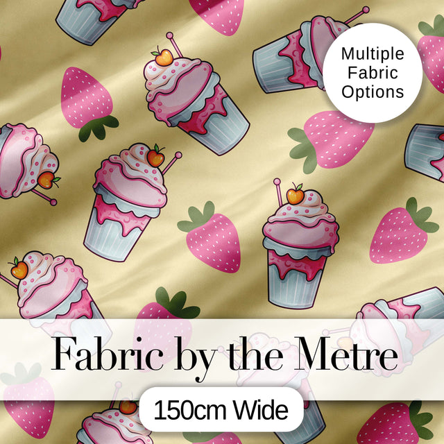 Strawberry Cupcakes and Sweet Treats on Yellow Background Seamless Pattern Digital Print Fabric by the Metre UK Sewing Quilting Textile