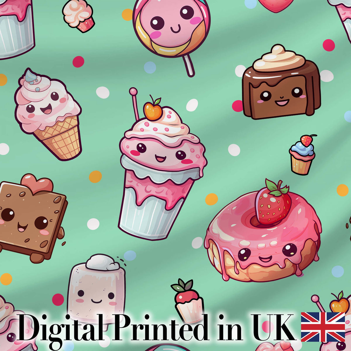 Desserts Cupcakes Donuts and Sweets on Mint Green Background Seamless Pattern Digital Print Fabric by the Metre UK Sewing Quilting Textile