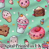 Desserts Cupcakes Donuts and Sweets on Mint Green Background Seamless Pattern Digital Print Fabric by the Metre UK Sewing Quilting Textile
