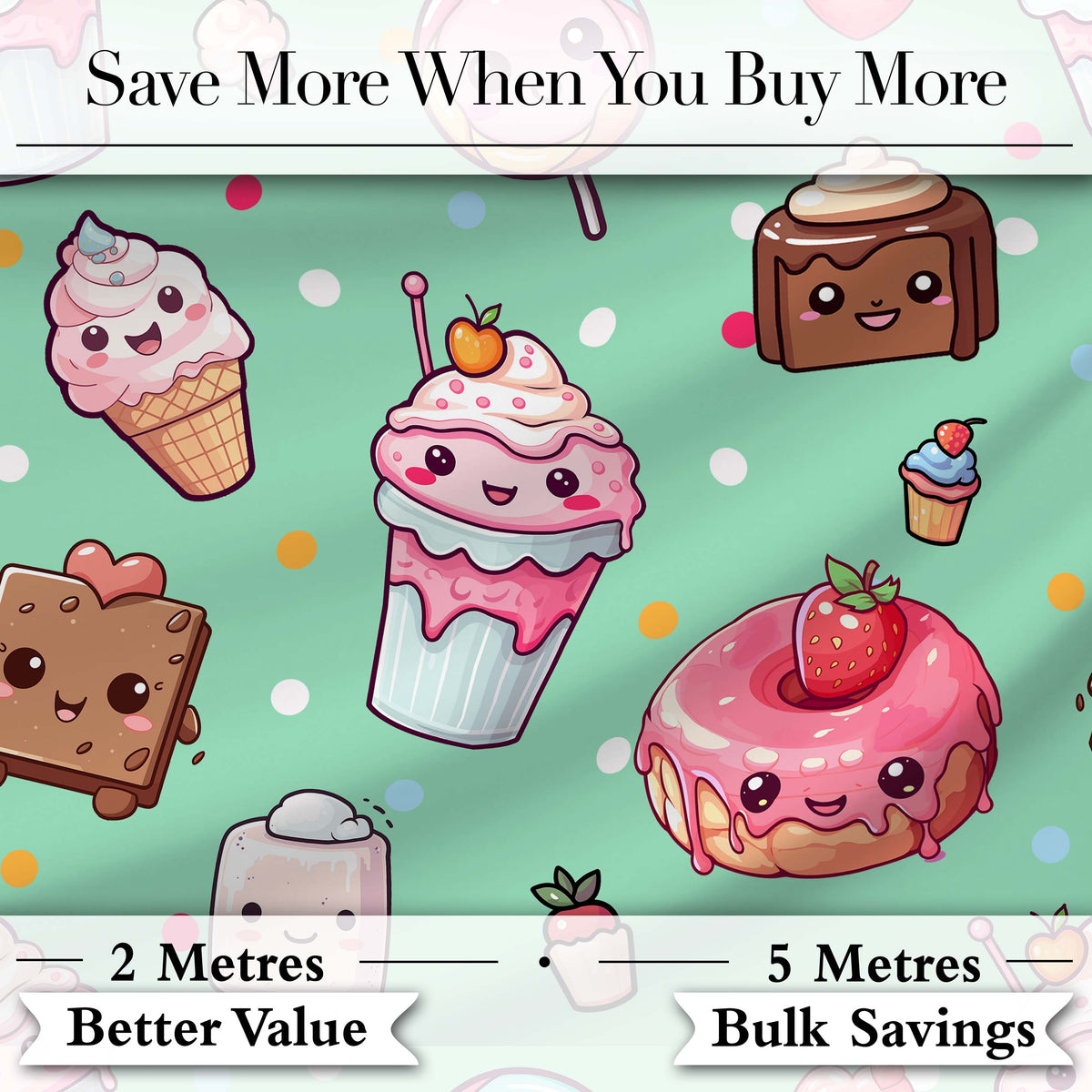 Desserts Cupcakes Donuts and Sweets on Mint Green Background Seamless Pattern Digital Print Fabric by the Metre UK Sewing Quilting Textile