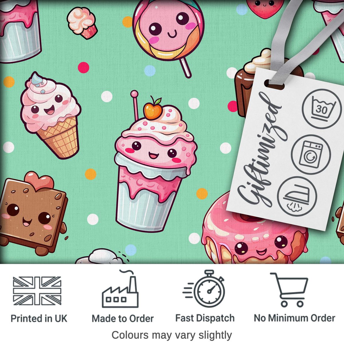 Desserts Cupcakes Donuts and Sweets on Mint Green Background Seamless Pattern Digital Print Fabric by the Metre UK Sewing Quilting Textile