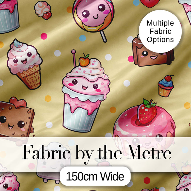 Desserts Cupcakes Donuts and Sweets on Soft Yellow Background Seamless Pattern Digital Print Fabric by the Metre UK Sewing Quilting Textile
