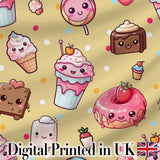 Desserts Cupcakes Donuts and Sweets on Soft Yellow Background Seamless Pattern Digital Print Fabric by the Metre UK Sewing Quilting Textile