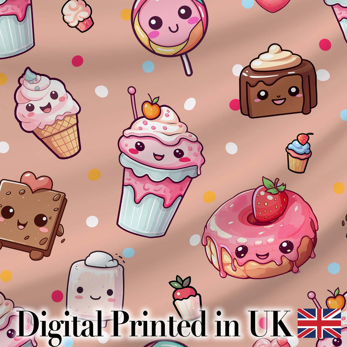 Kawaii Dessert Cupcakes Donuts and Sweets on Peach Background Seamless Pattern Digital Print Fabric by the Metre UK Sewing Quilting Textile