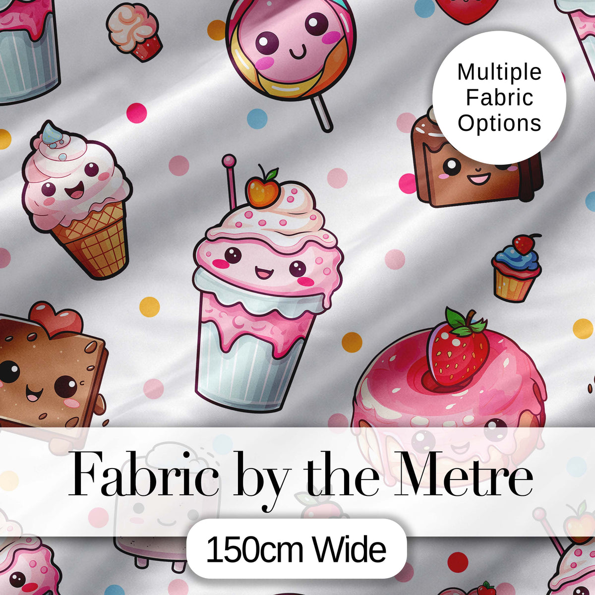 Kawaii Desserts Cupcakes Donuts and Sweets on Grey Background Seamless Pattern Digital Print Fabric by the Metre UK Sewing Quilting Textile