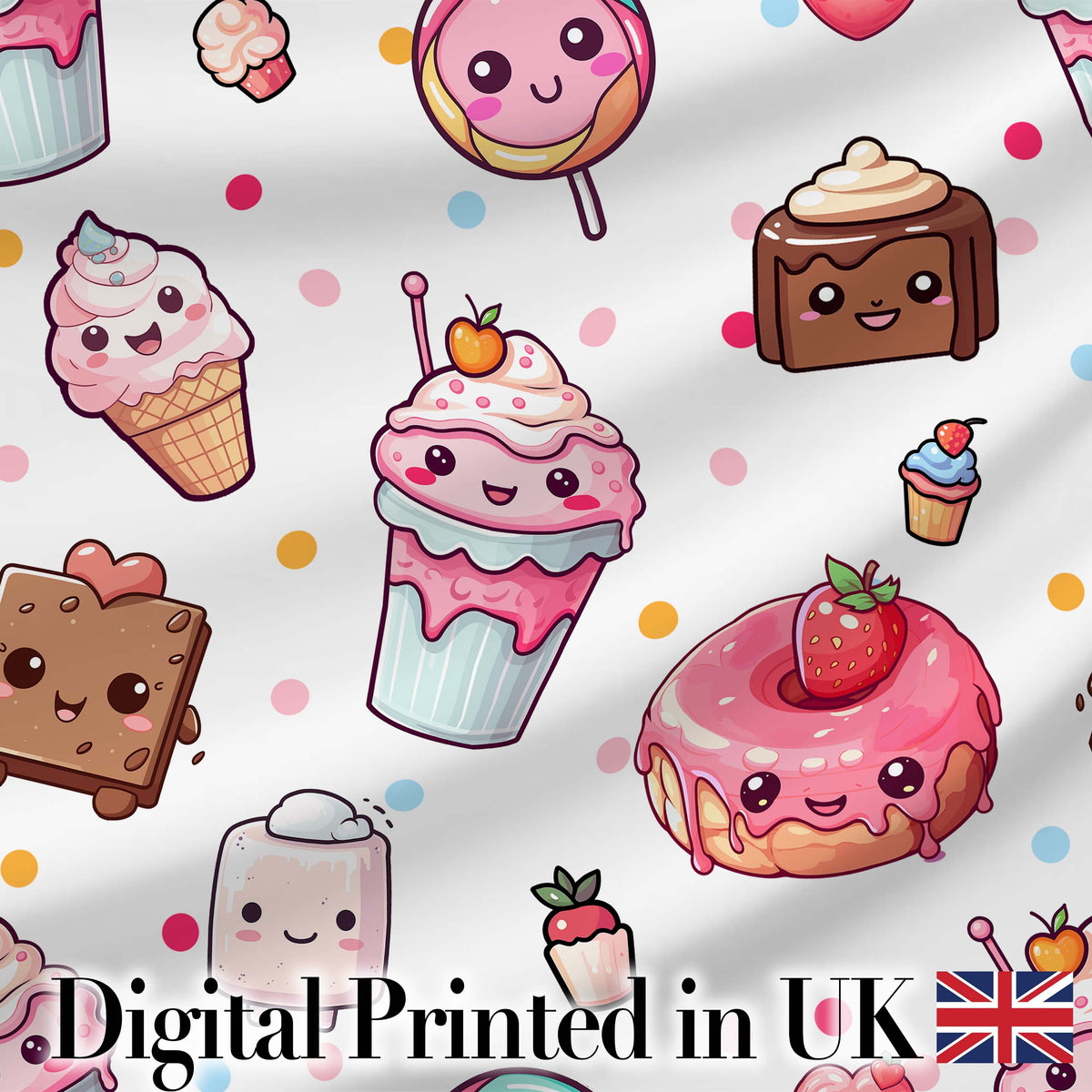 Kawaii Desserts Cupcakes Donuts and Sweets on Grey Background Seamless Pattern Digital Print Fabric by the Metre UK Sewing Quilting Textile