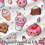 Kawaii Desserts Cupcakes Donuts and Sweets on Grey Background Seamless Pattern Digital Print Fabric by the Metre UK Sewing Quilting Textile