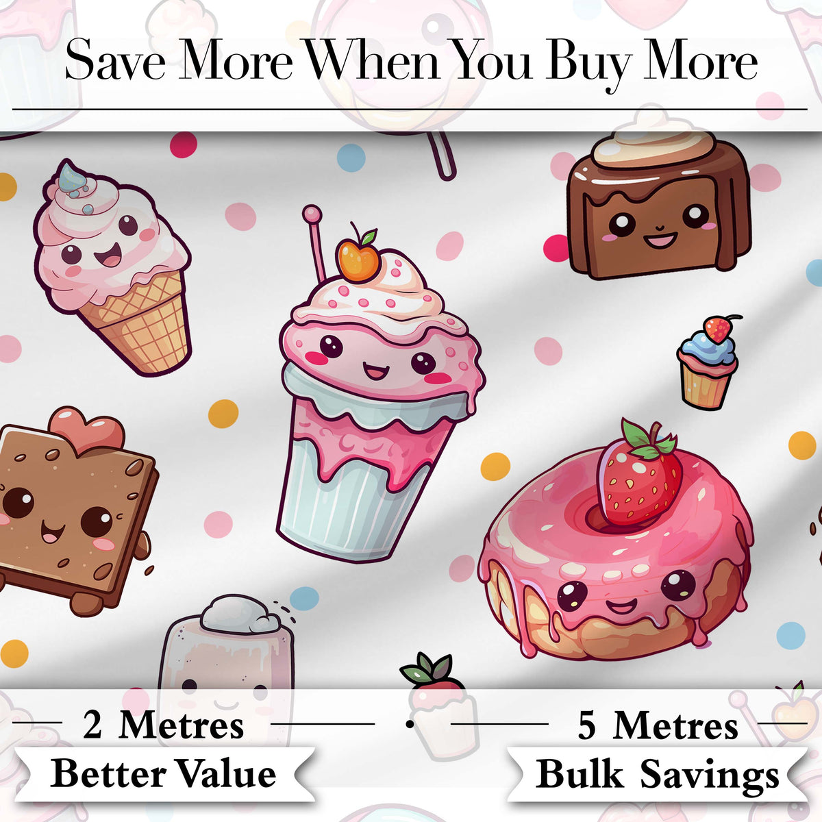 Kawaii Desserts Cupcakes Donuts and Sweets on Grey Background Seamless Pattern Digital Print Fabric by the Metre UK Sewing Quilting Textile