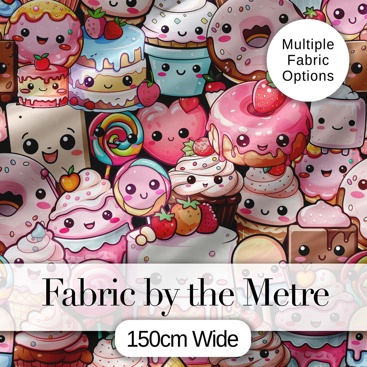 Kawaii Sweet Treats Cakes Donuts Candy and Cupcakes Collage Seamless Pattern Digital Print Fabric by the Metre UK Sewing Quilting Textile