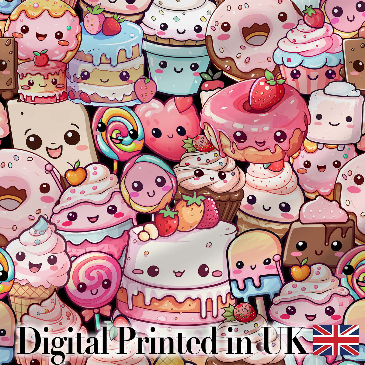 Kawaii Sweet Treats Cakes Donuts Candy and Cupcakes Collage Seamless Pattern Digital Print Fabric by the Metre UK Sewing Quilting Textile