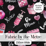 Valentines Love Hearts Gifts Syringe Candy Black Background Seamless Pattern Digital Print Fabric by the Metre UK Sewing Quilting Textile