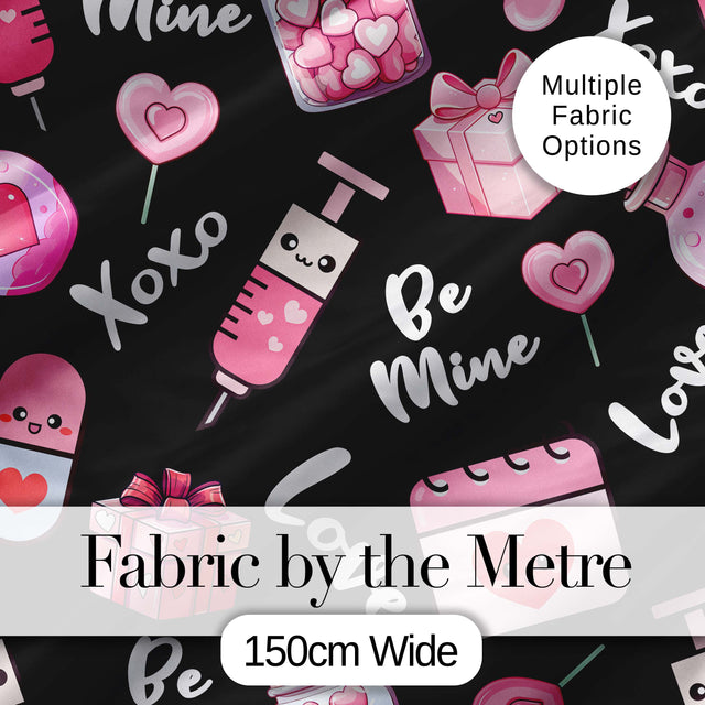 Valentines Love Hearts Gifts Syringe Candy Black Background Seamless Pattern Digital Print Fabric by the Metre UK Sewing Quilting Textile