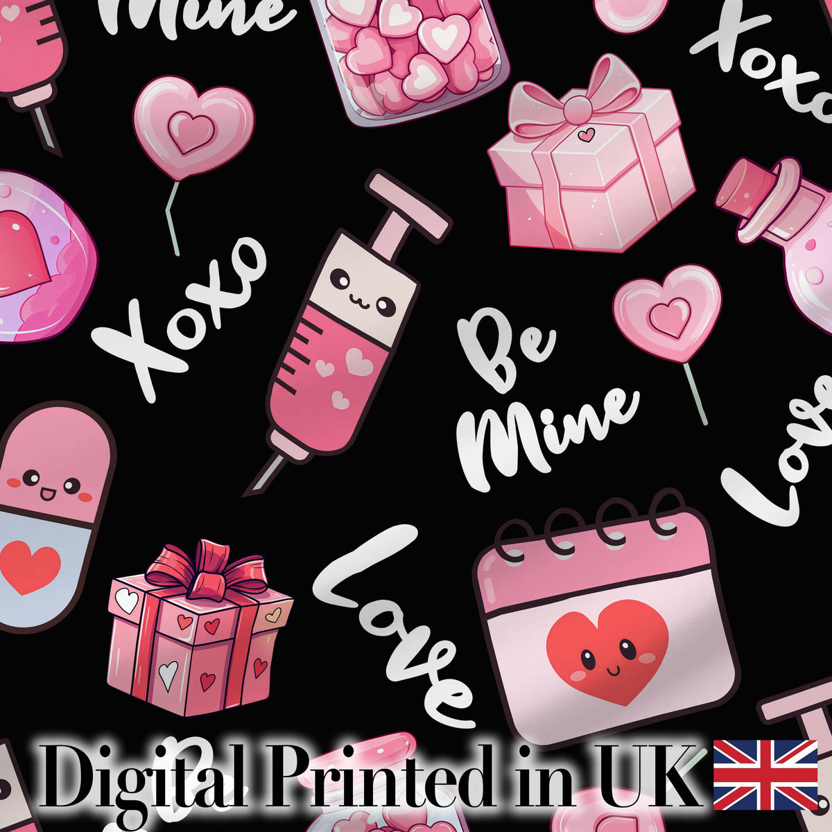 Valentines Love Hearts Gifts Syringe Candy Black Background Seamless Pattern Digital Print Fabric by the Metre UK Sewing Quilting Textile