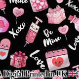 Valentines Love Hearts Gifts Syringe Candy Black Background Seamless Pattern Digital Print Fabric by the Metre UK Sewing Quilting Textile