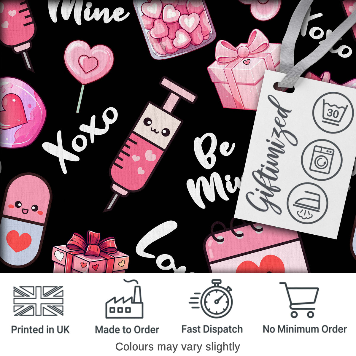 Valentines Love Hearts Gifts Syringe Candy Black Background Seamless Pattern Digital Print Fabric by the Metre UK Sewing Quilting Textile