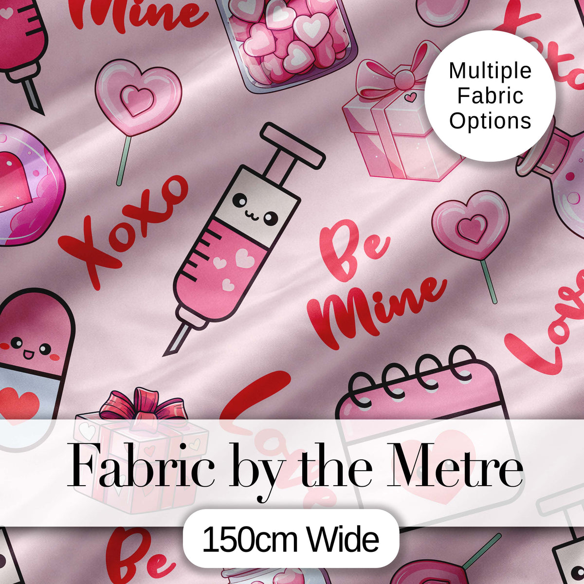 Valentines Love Hearts Gifts Syringe Candy Pink Background Seamless Pattern Digital Print Fabric by the Metre UK Sewing Quilting Textile