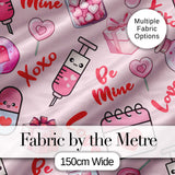 Valentines Love Hearts Gifts Syringe Candy Pink Background Seamless Pattern Digital Print Fabric by the Metre UK Sewing Quilting Textile