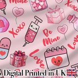 Valentines Love Hearts Gifts Syringe Candy Pink Background Seamless Pattern Digital Print Fabric by the Metre UK Sewing Quilting Textile