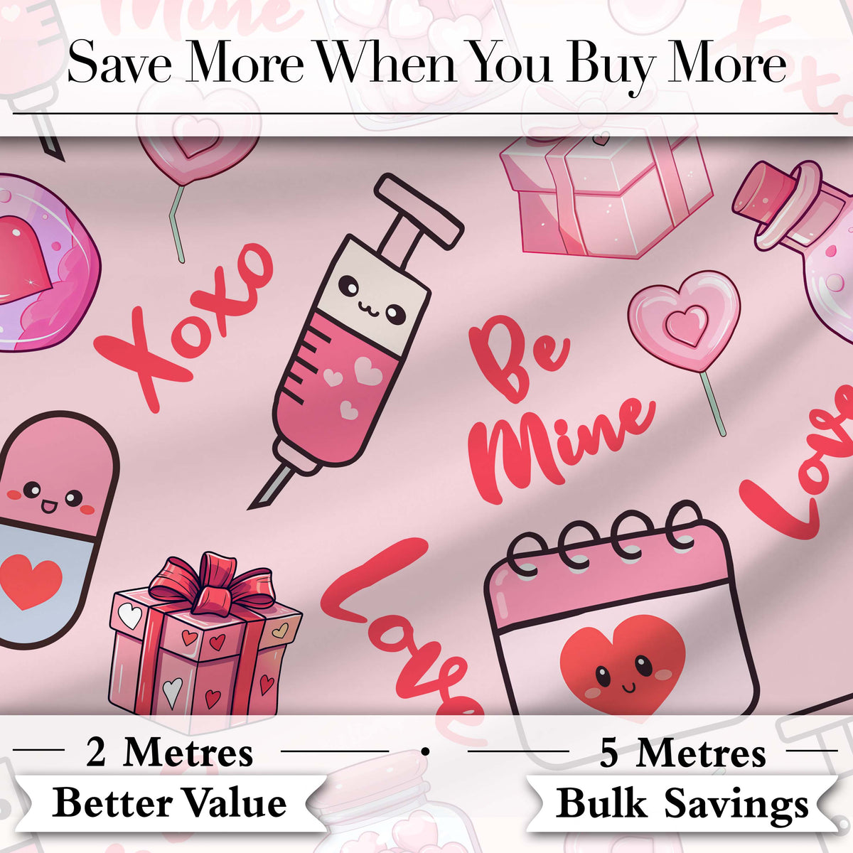 Valentines Love Hearts Gifts Syringe Candy Pink Background Seamless Pattern Digital Print Fabric by the Metre UK Sewing Quilting Textile