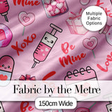 Valentines Love Hearts Gifts Candy Syringe Pink Background Seamless Pattern Digital Print Fabric by the Metre UK Sewing Quilting Textile