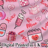 Valentines Love Hearts Gifts Candy Syringe Pink Background Seamless Pattern Digital Print Fabric by the Metre UK Sewing Quilting Textile