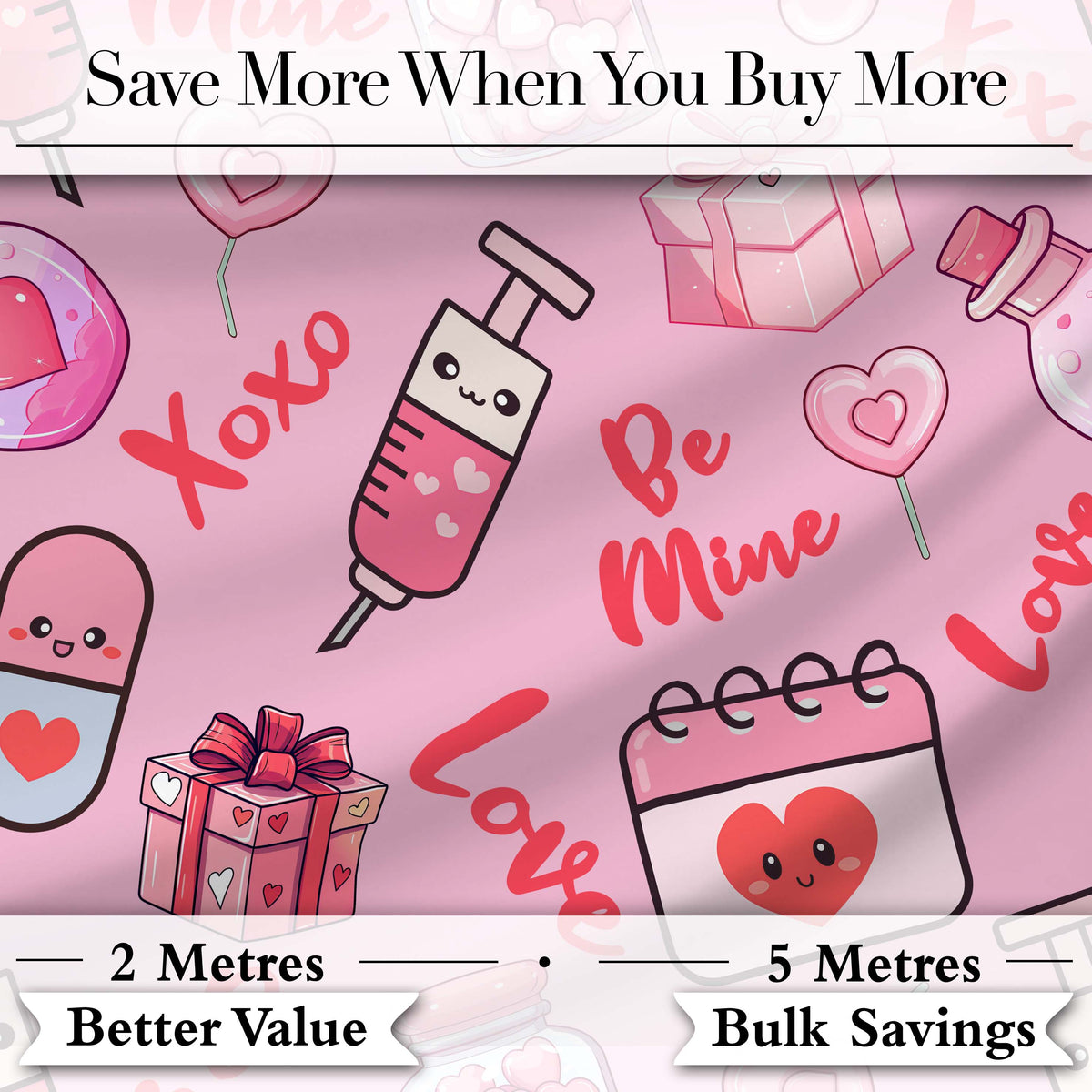Valentines Love Hearts Gifts Candy Syringe Pink Background Seamless Pattern Digital Print Fabric by the Metre UK Sewing Quilting Textile