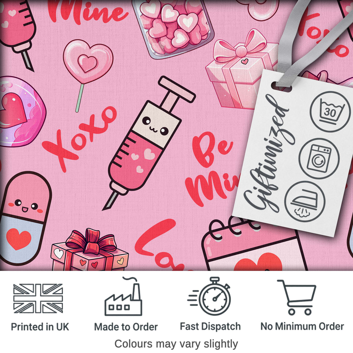 Valentines Love Hearts Gifts Candy Syringe Pink Background Seamless Pattern Digital Print Fabric by the Metre UK Sewing Quilting Textile