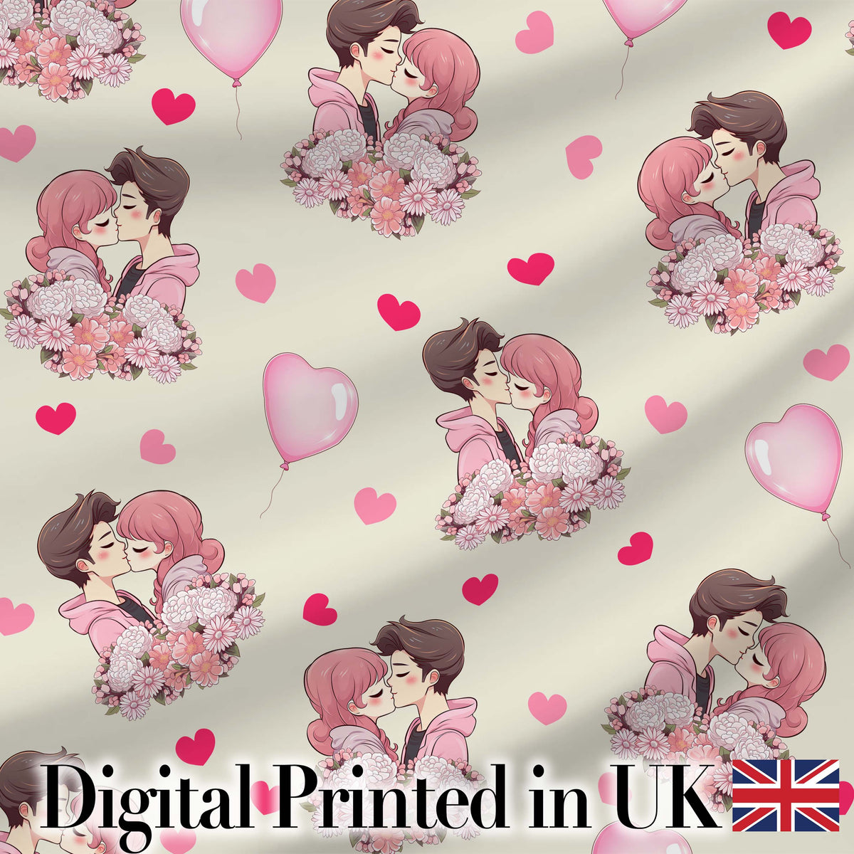 Valentines Love Couple Kissing Floral Hearts Beige Background Seamless Pattern Digital Print Fabric by the Metre UK Sewing Quilting Textile