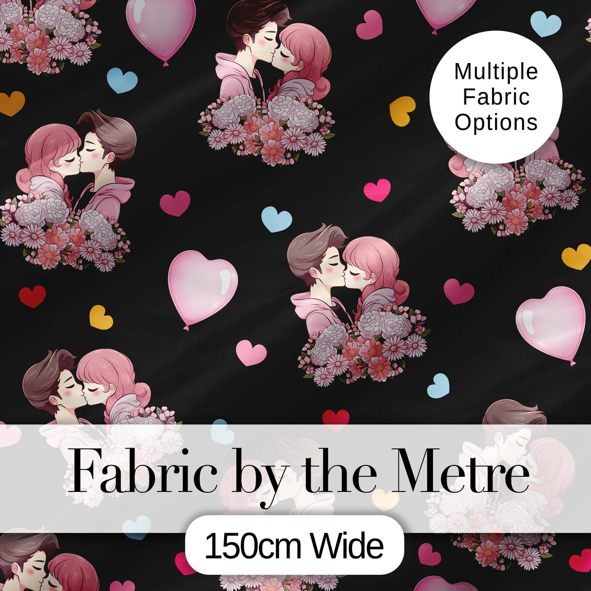 Valentines Love Couple Kissing Floral Hearts Black Background Seamless Pattern Digital Print Fabric by the Metre UK Sewing Quilting Textile