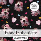 Valentines Love Couple Kissing Floral Hearts Black Background Seamless Pattern Digital Print Fabric by the Metre UK Sewing Quilting Textile