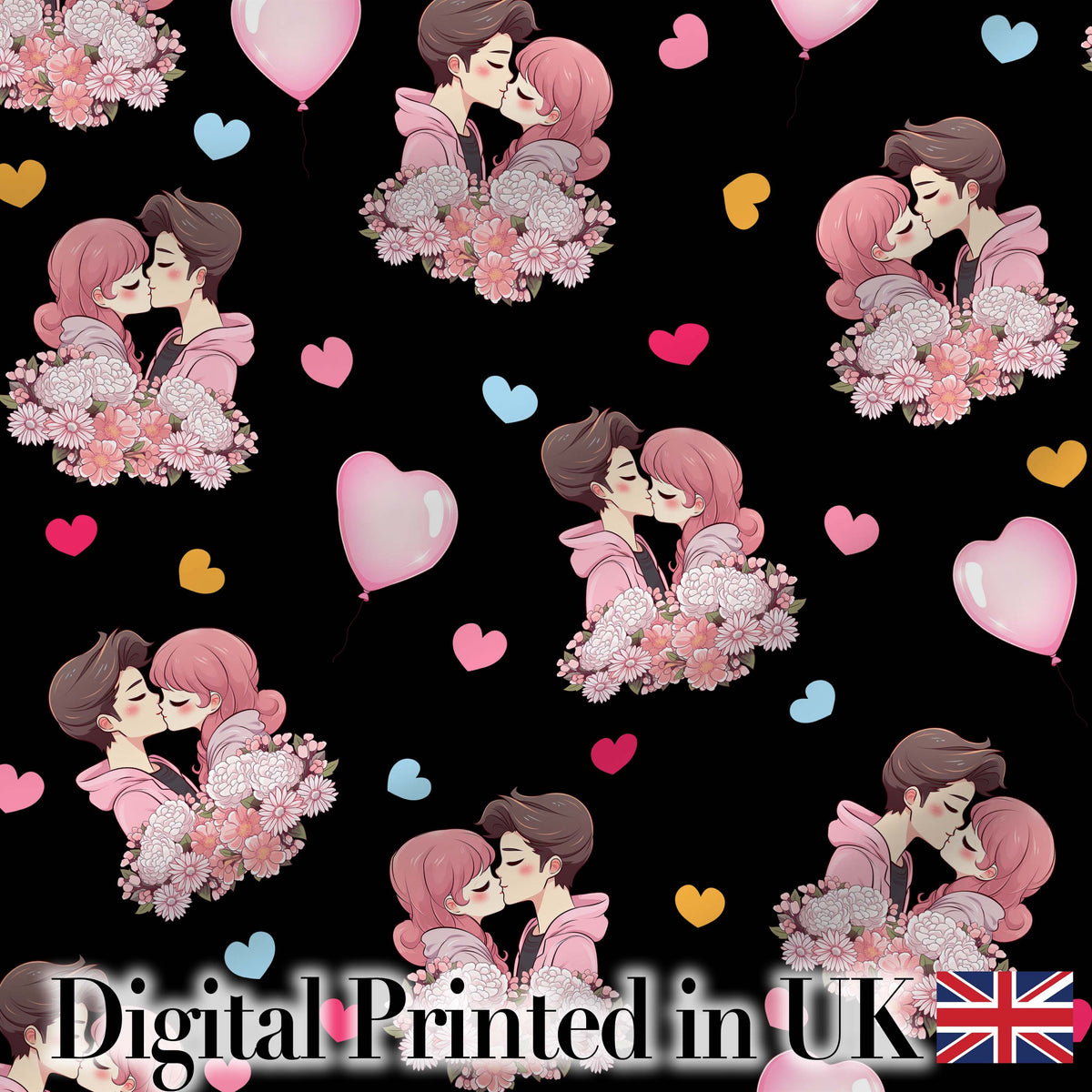 Valentines Love Couple Kissing Floral Hearts Black Background Seamless Pattern Digital Print Fabric by the Metre UK Sewing Quilting Textile