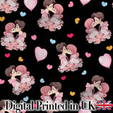 Valentines Love Couple Kissing Floral Hearts Black Background Seamless Pattern Digital Print Fabric by the Metre UK Sewing Quilting Textile