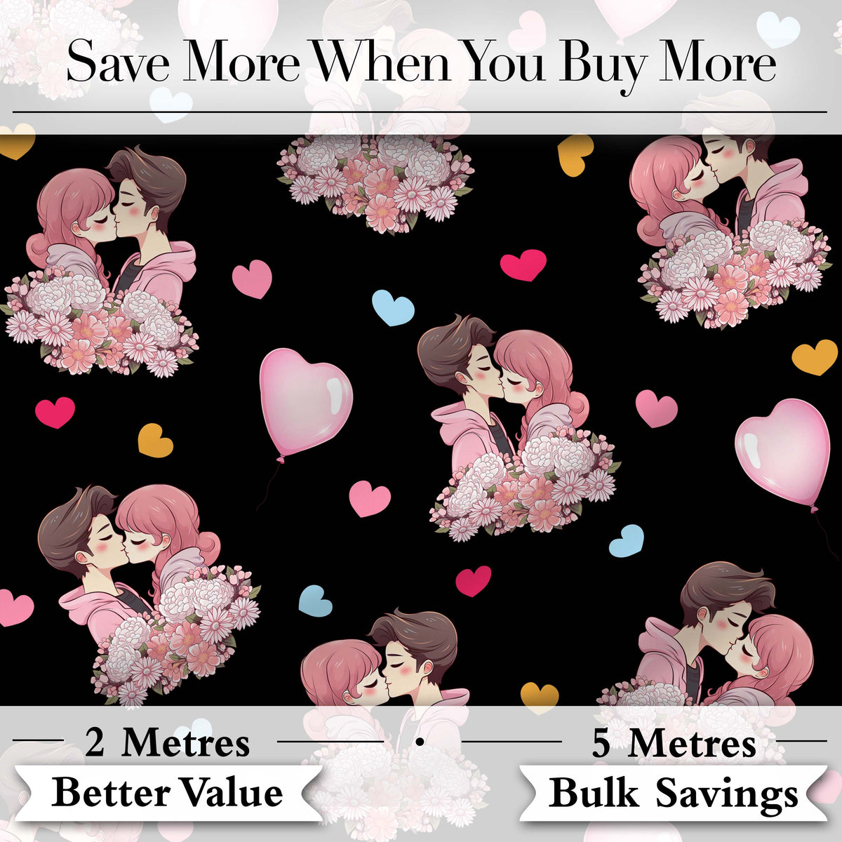 Valentines Love Couple Kissing Floral Hearts Black Background Seamless Pattern Digital Print Fabric by the Metre UK Sewing Quilting Textile