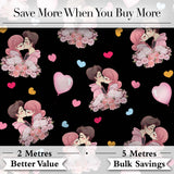 Valentines Love Couple Kissing Floral Hearts Black Background Seamless Pattern Digital Print Fabric by the Metre UK Sewing Quilting Textile