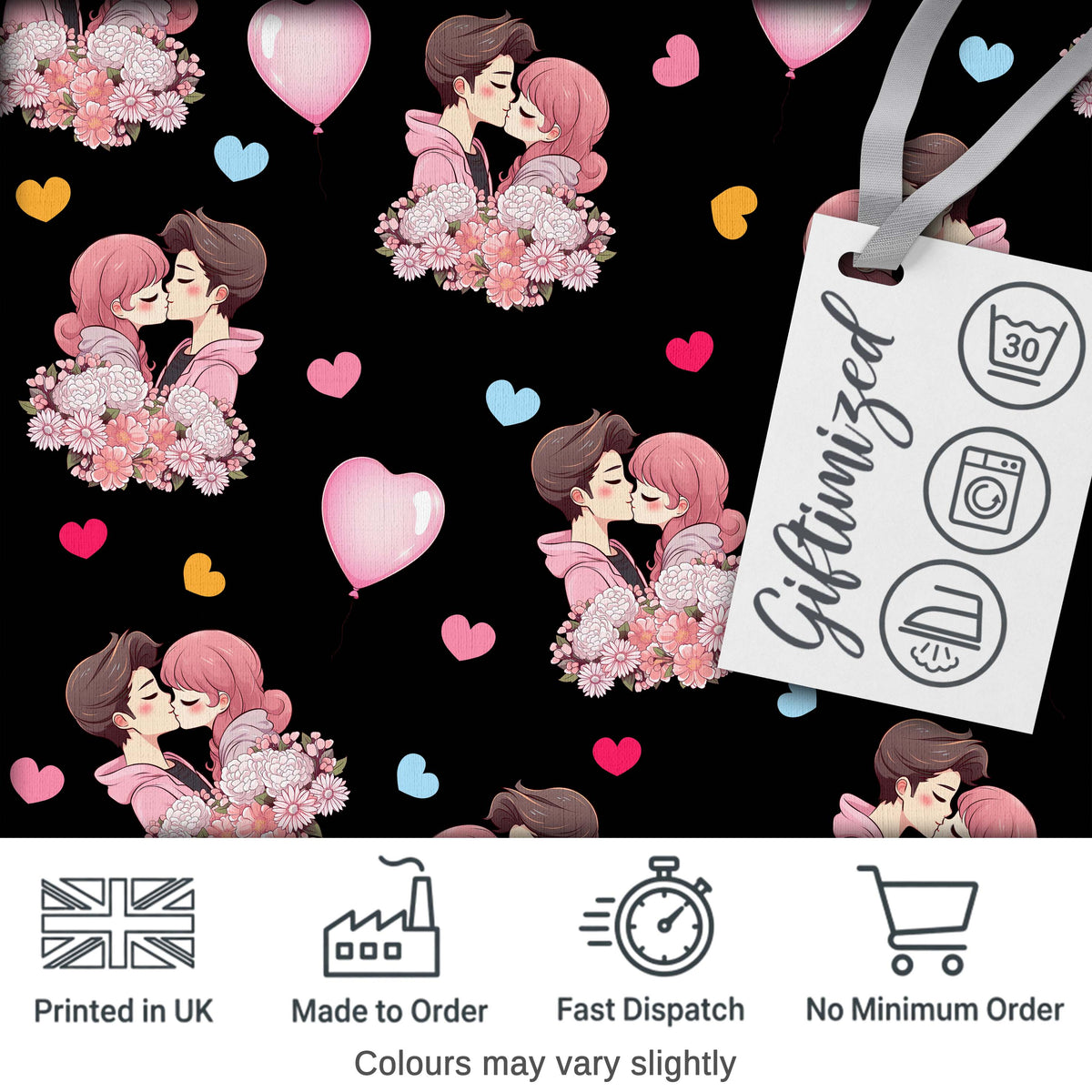 Valentines Love Couple Kissing Floral Hearts Black Background Seamless Pattern Digital Print Fabric by the Metre UK Sewing Quilting Textile