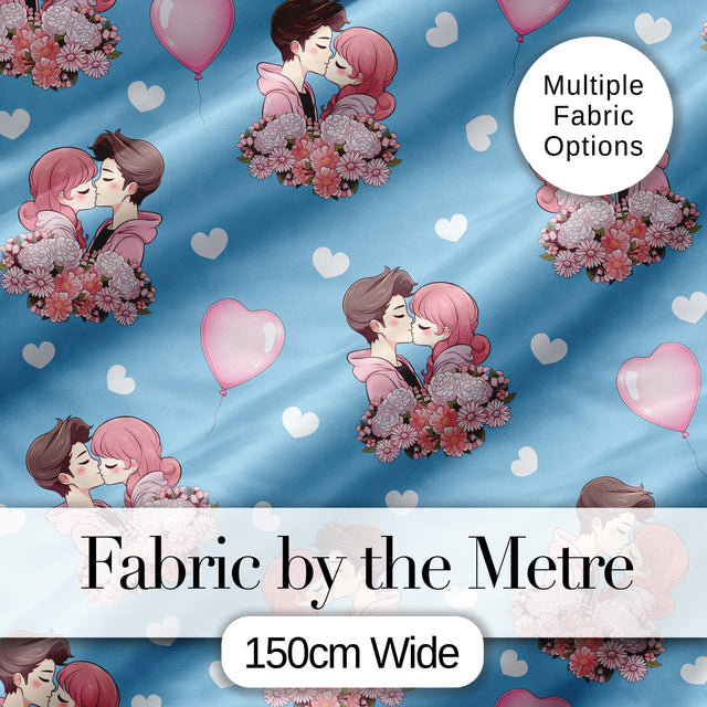 Valentines Love Couple Kissing Floral Hearts Blue Background Seamless Pattern Digital Print Fabric by the Metre UK Sewing Quilting Textile