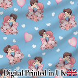 Valentines Love Couple Kissing Floral Hearts Blue Background Seamless Pattern Digital Print Fabric by the Metre UK Sewing Quilting Textile